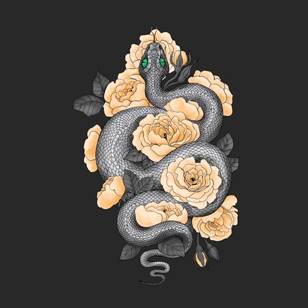 Snake and yellow roses