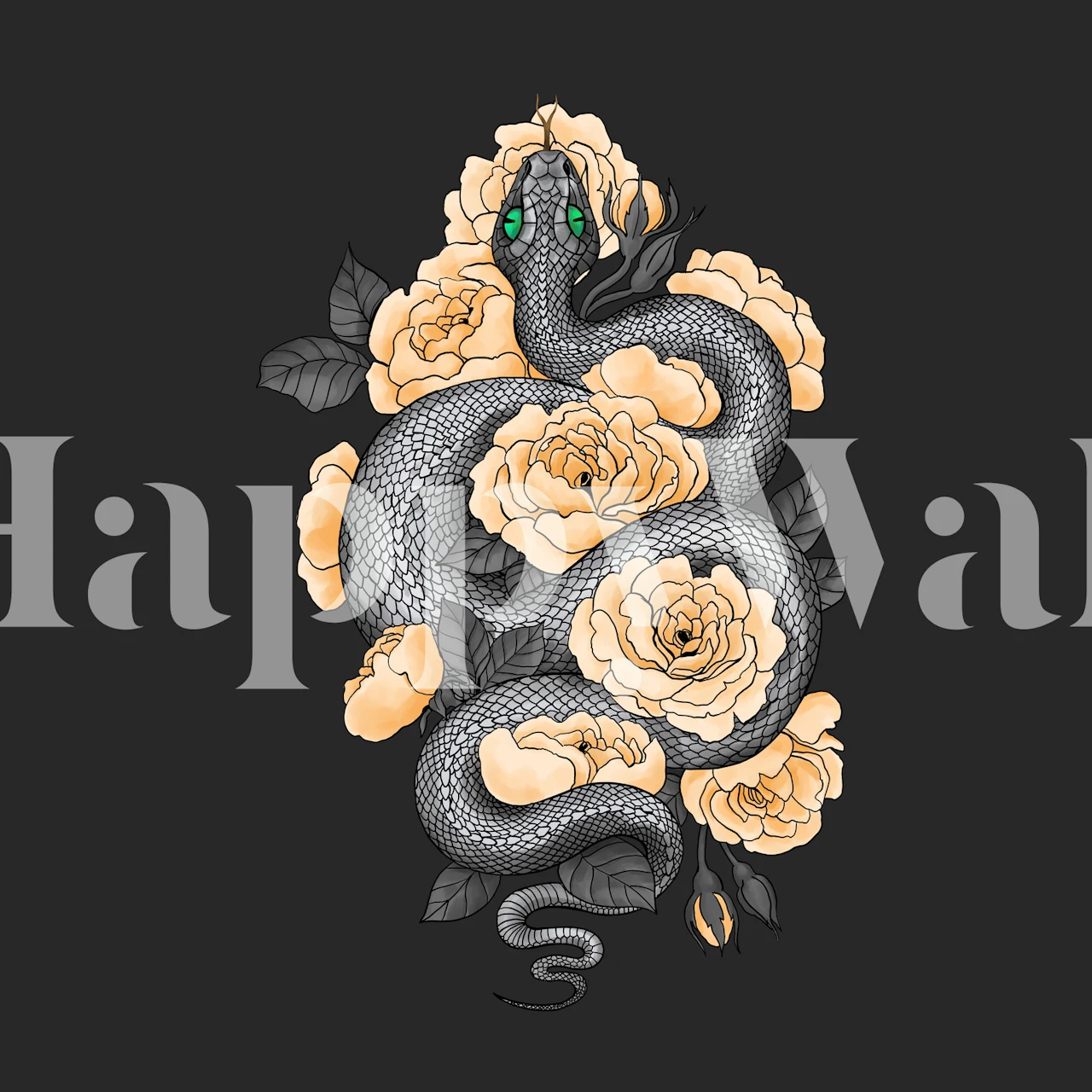 Snake entwined with yellow roses on black background wallpaper