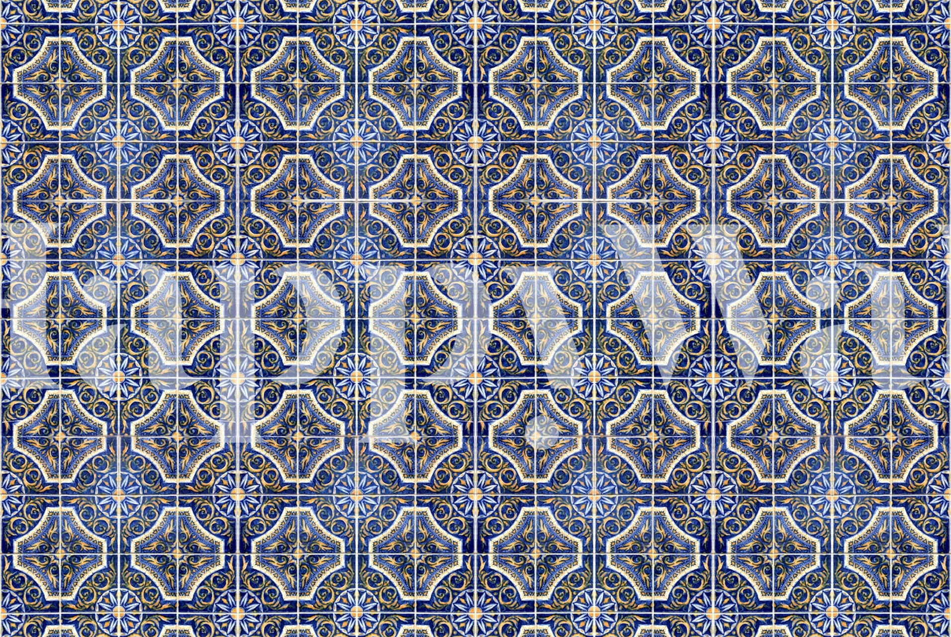 Vintage tile pattern featuring blue and yellow colors wallpaper
