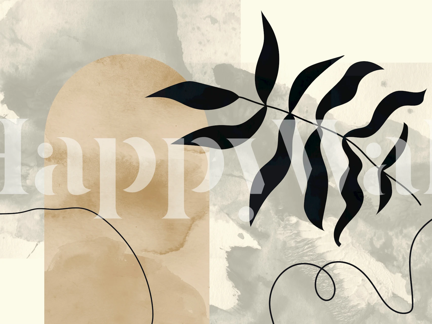 Mid Century floral wallpaper featuring black leaves on a beige and gray abstract background.