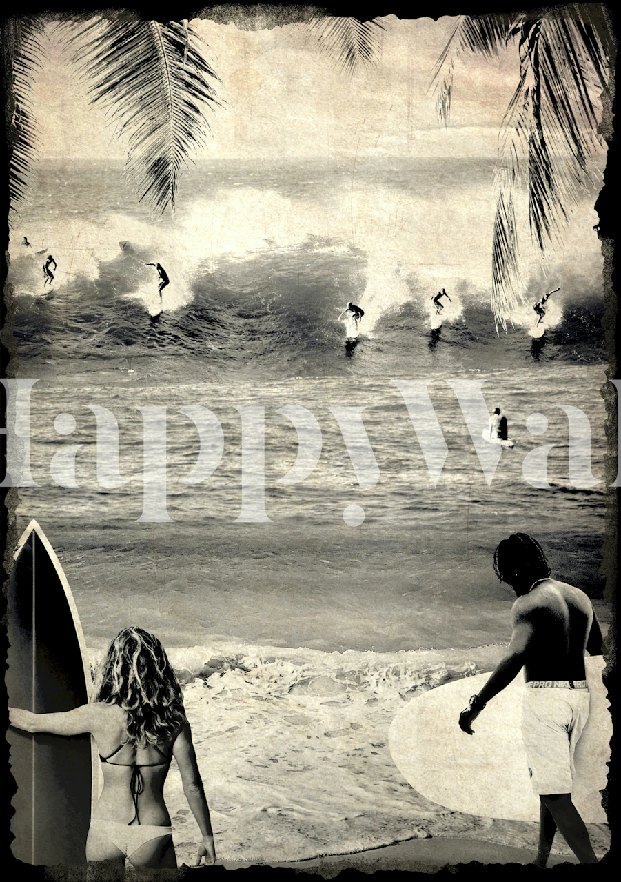 Vintage-inspired California surfing wall mural with a grunge aesthetic