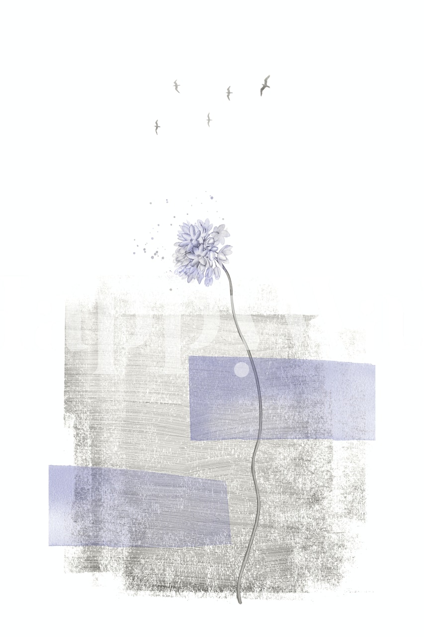 Minimalist Flower - Japandi τοιχογραφία με ένα μόνο λουλούδι και απαλές γκρι και λεβάντα αποχρώσεις