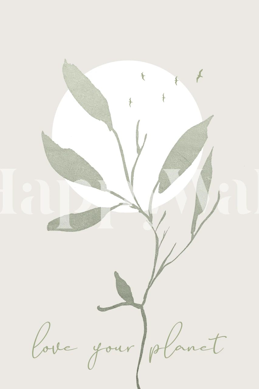 Mural inspirado en la Tierra con hojas verdes y la inscripción Love Your Planet.