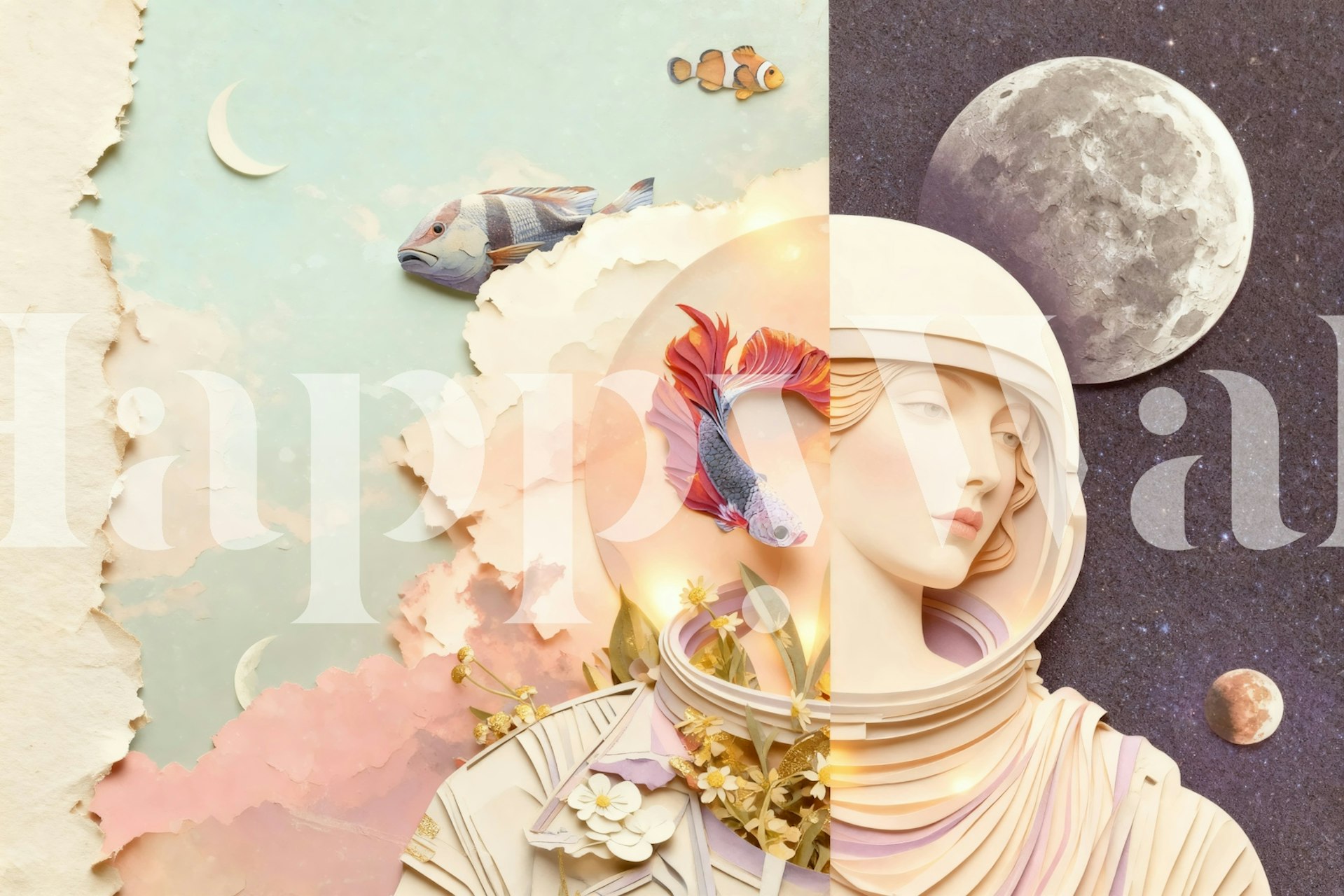 Vibrant wallpaper featuring a woman in a space suit