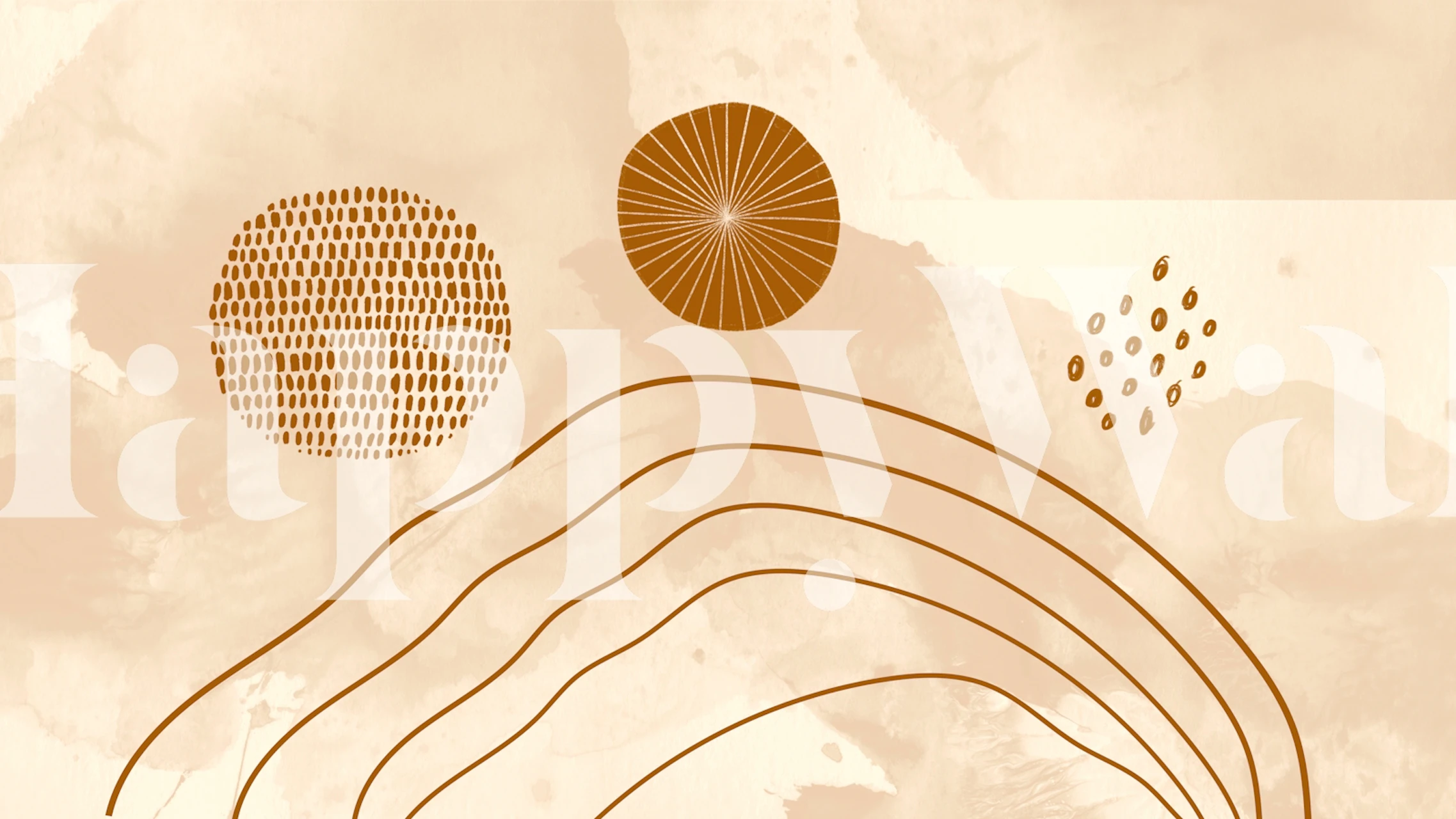 Mid-century modern style abstract wall mural with autumnal color scheme and geometric shapes.