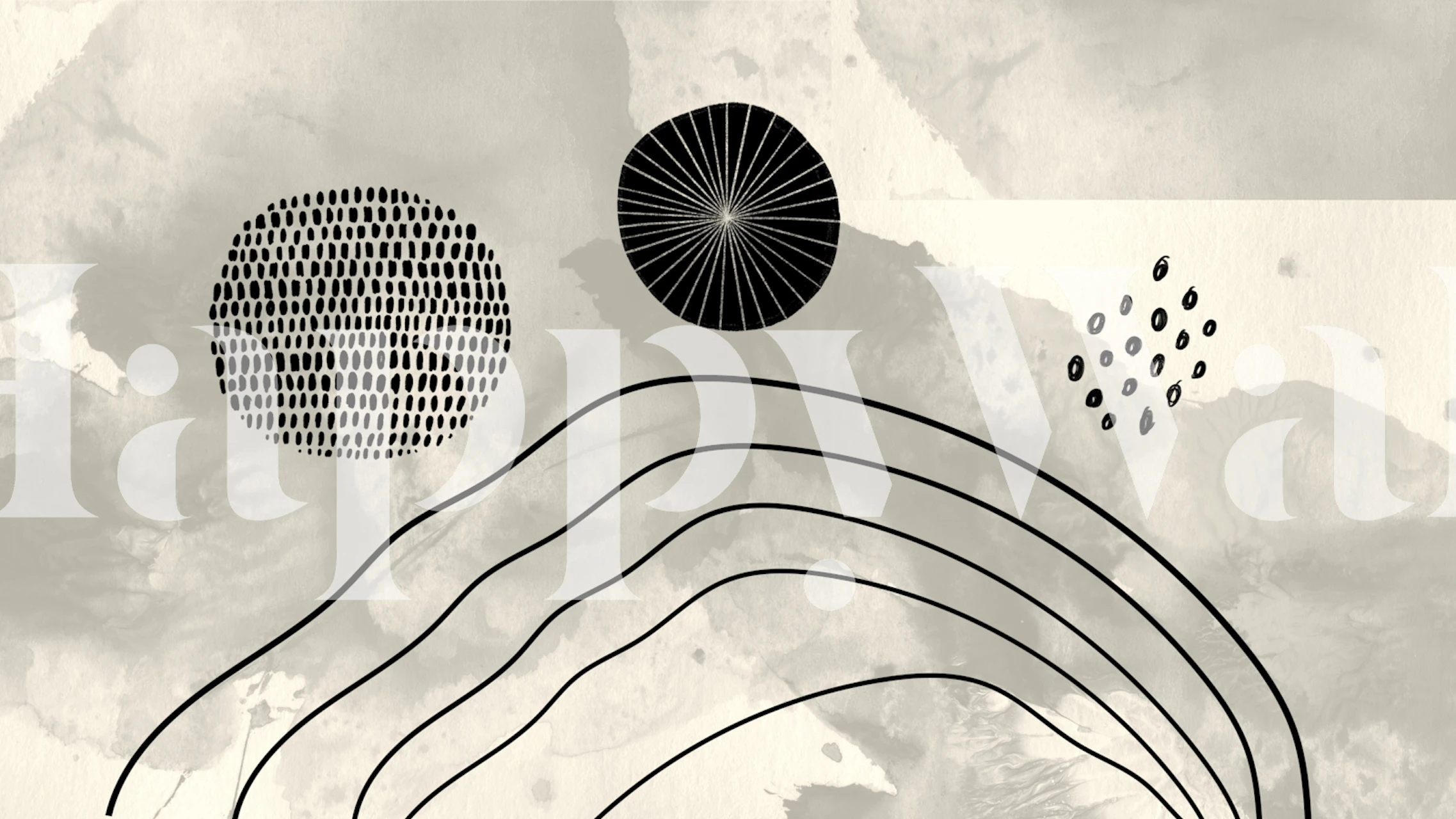 Black and white abstract design featuring circles and lines wallpaper