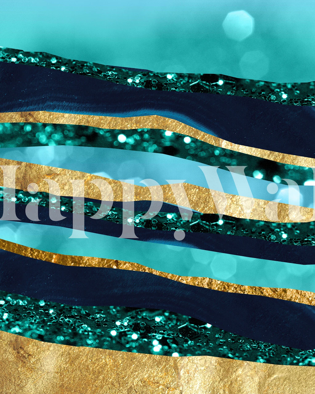 Strati astratti di montagna in verde acqua e blu con accenti dorati che ricordano i riflessi della luna sull'acqua.