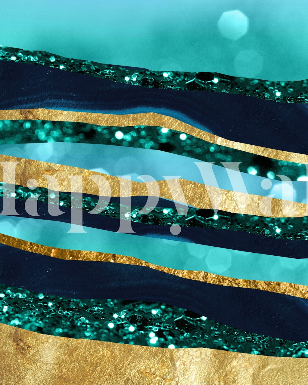 Abstract mountain layers in teal and blue with gold accents resembling moonlit reflections on water.