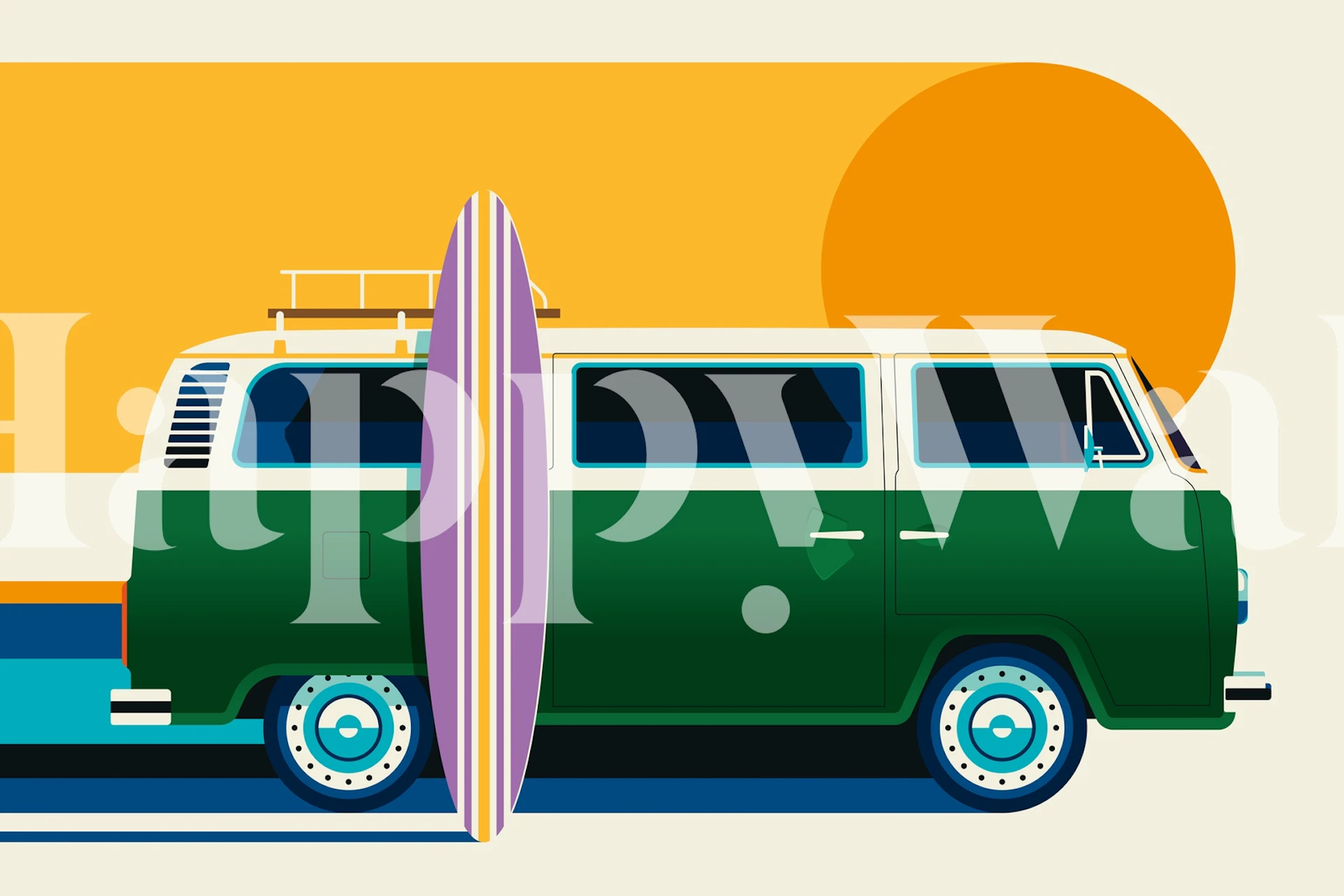 Vintage camping bus with a surfboard, green and blue colors, retro wallpaper