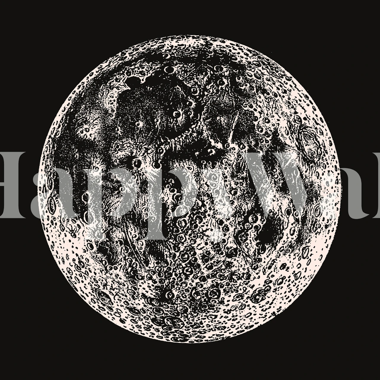 Vintage veggmaleri med fullmåne med detaljerte kratere og måneoverflatetekstur.