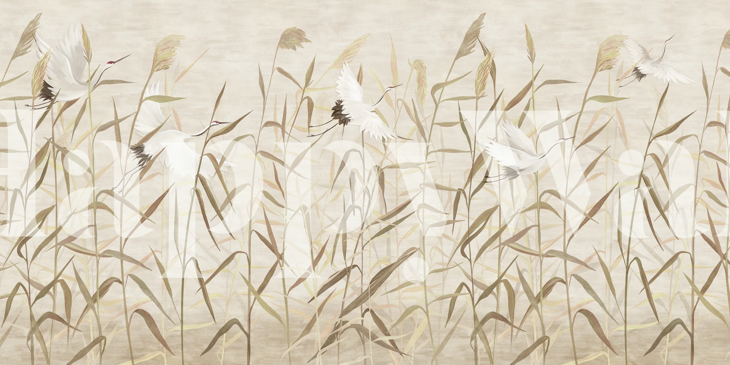 White cranes in reeds on a light beige background wallpaper