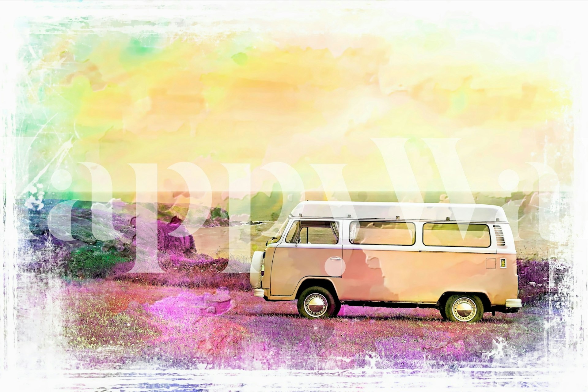 Vanlife watercolor van v malebné krajině