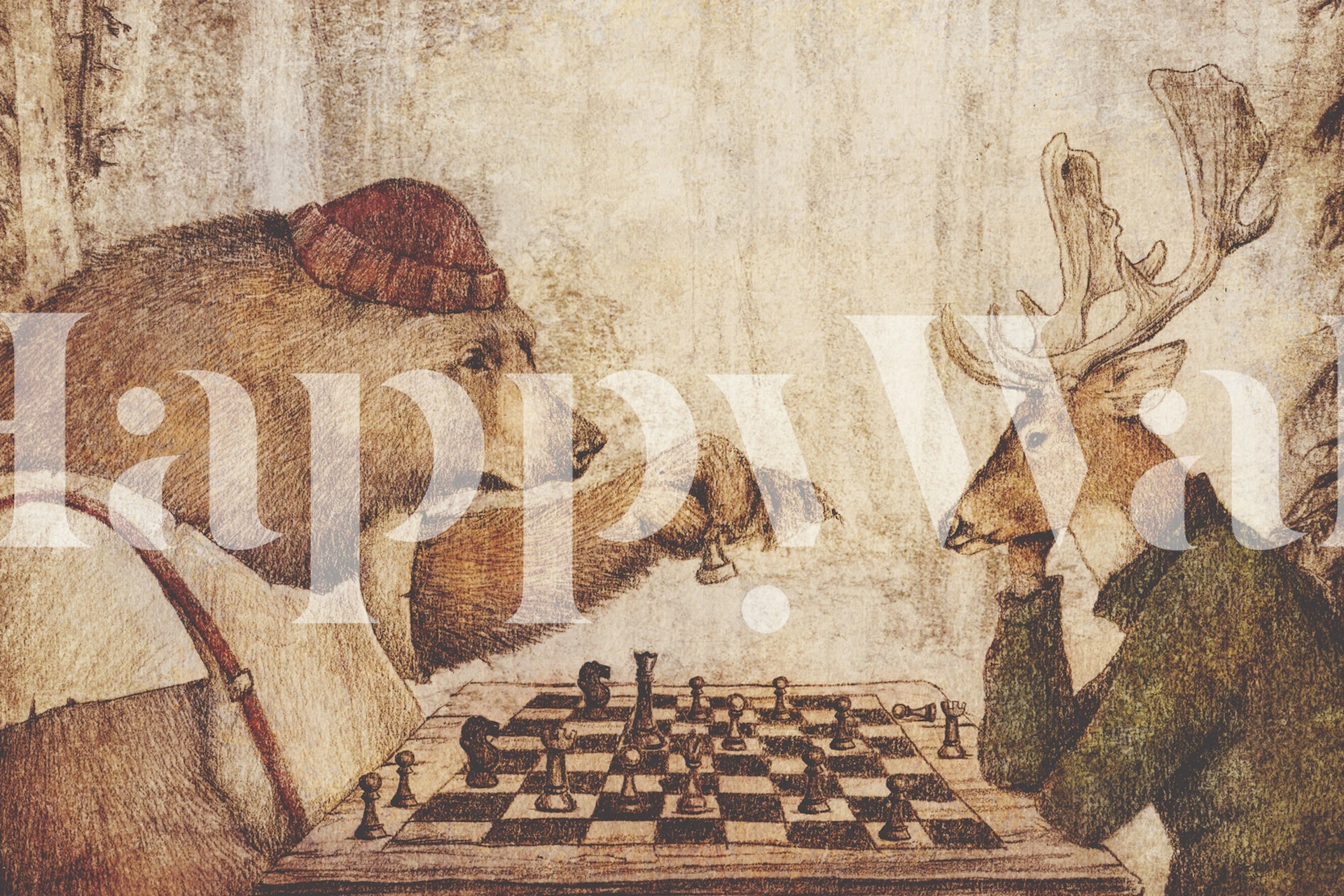Whimsical animal chess scene featuring bear and deer wallpaper