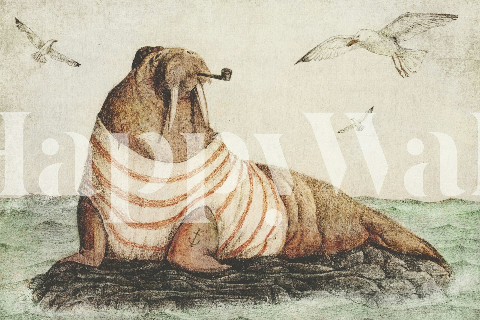 Nautical walrus wearing striped shirt with birds overhead wallpaper