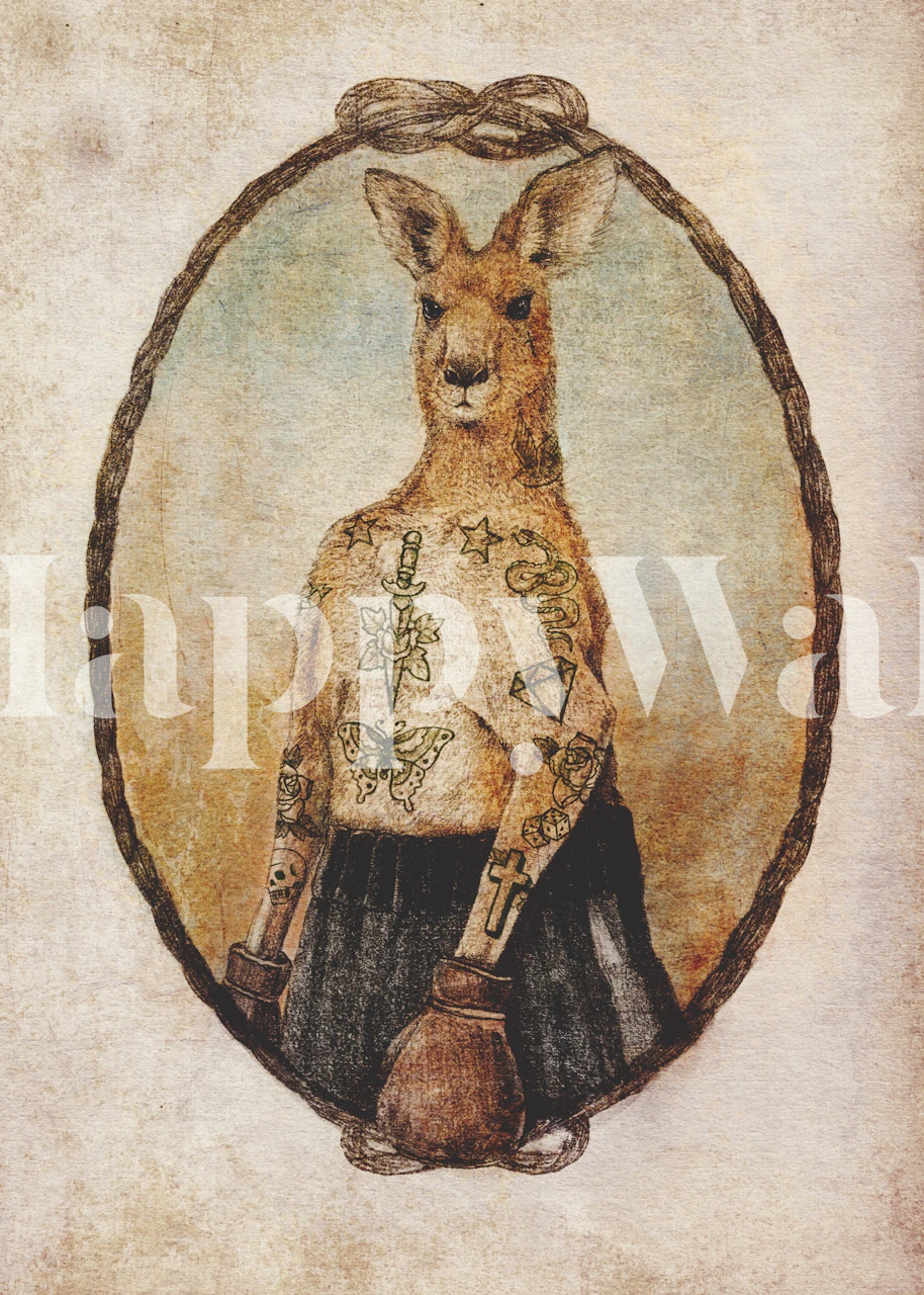 Tattooed kangaroo boxer in vintage style wallpaper