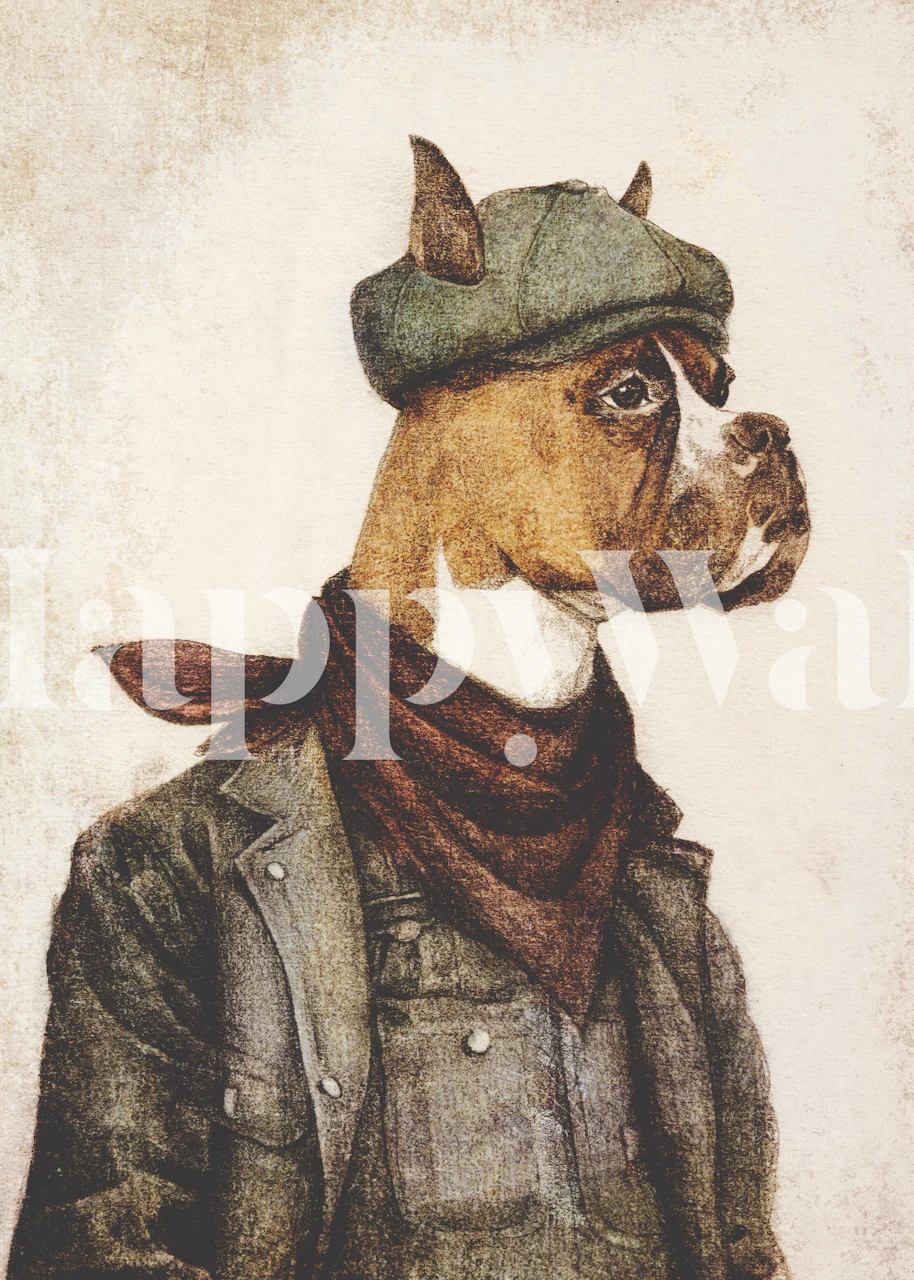 Boxer dog in a beret and scarf, vintage style wallpaper