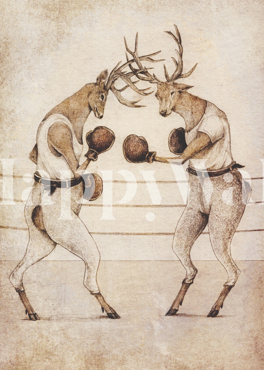 Two boxing deer in a ring on a textured background wallpaper