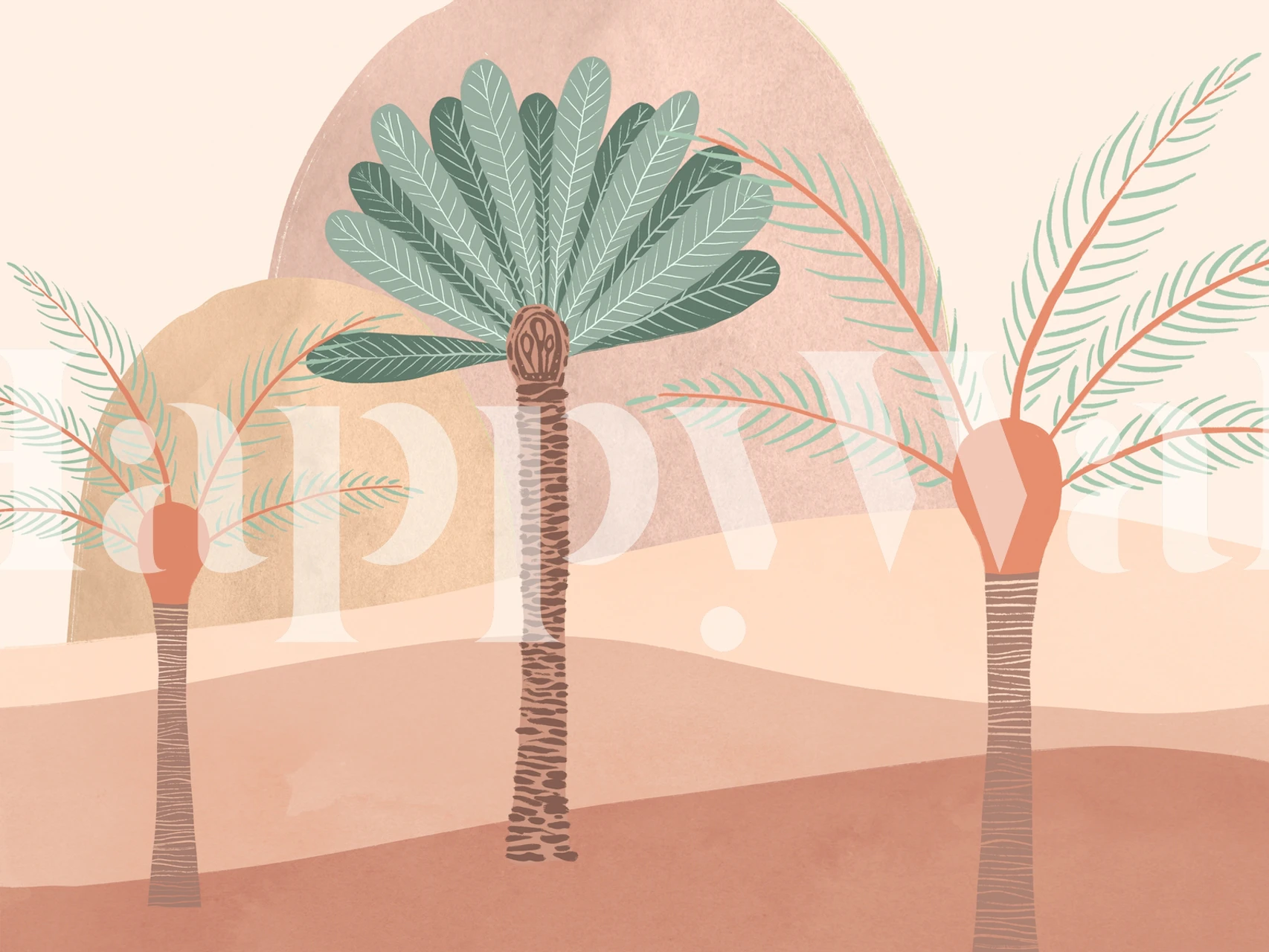 Peachy Sands serene desert wall mural with stylized flora in soft peach and sandy tones.