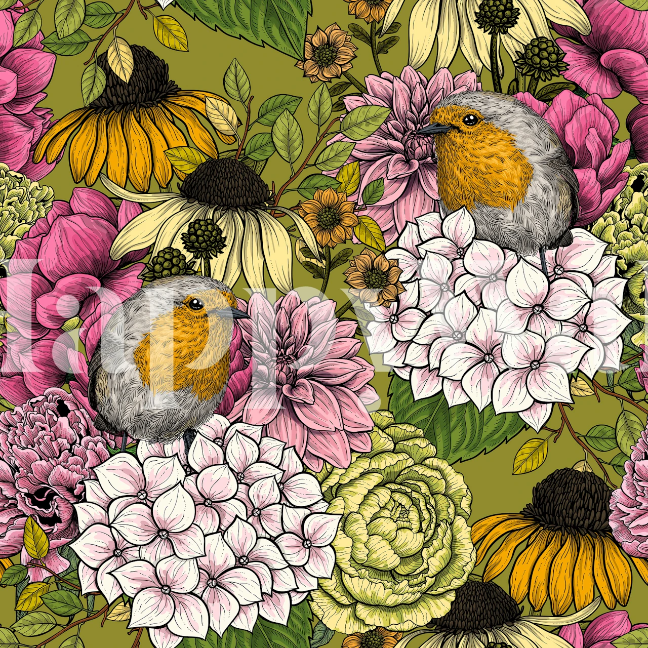 Robins in the garden blandt farverige blomster tapet