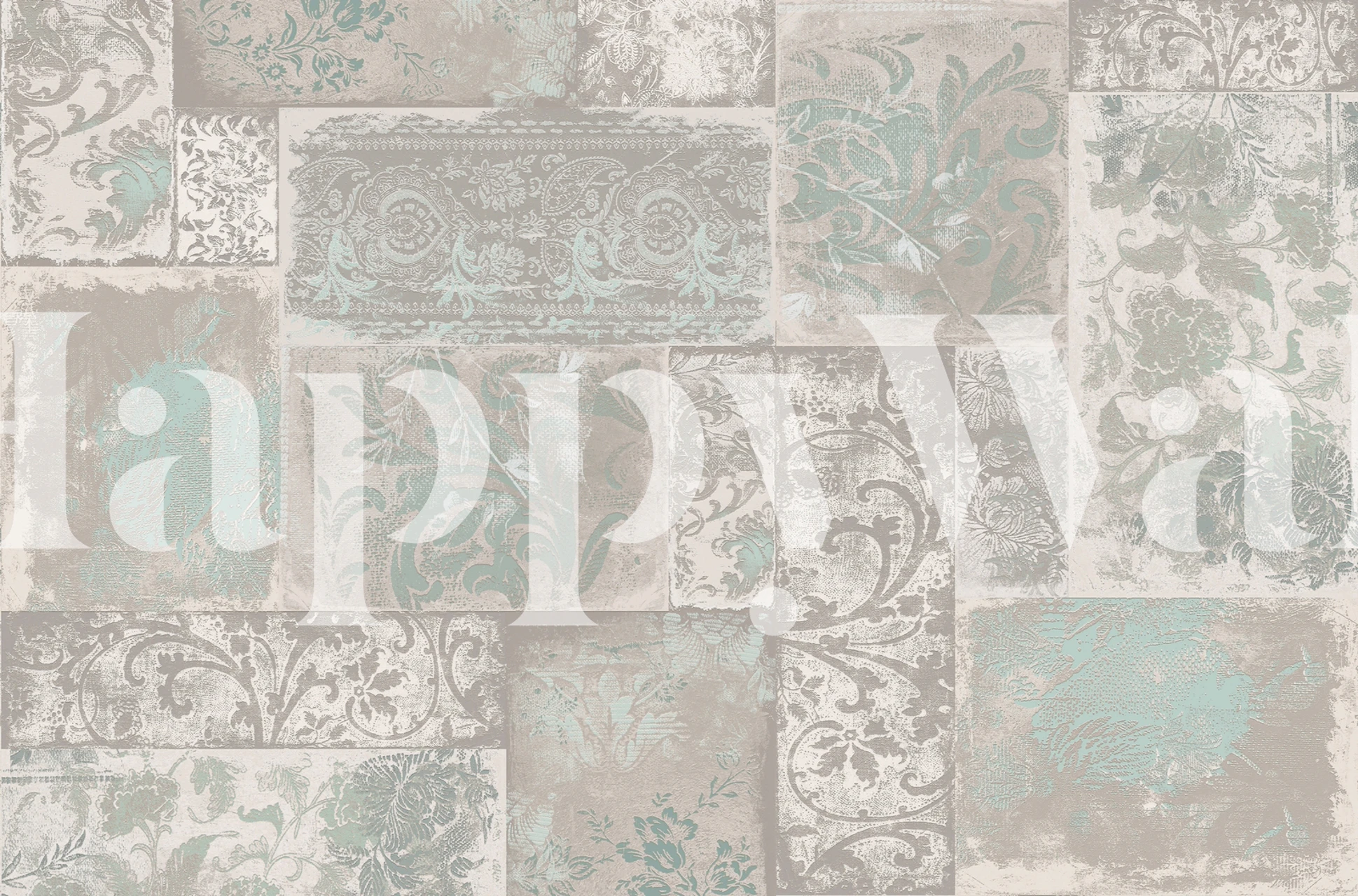 Bohemian Patchwork Beige Mint fotobehang met een mix van vintage patronen en koele tinten