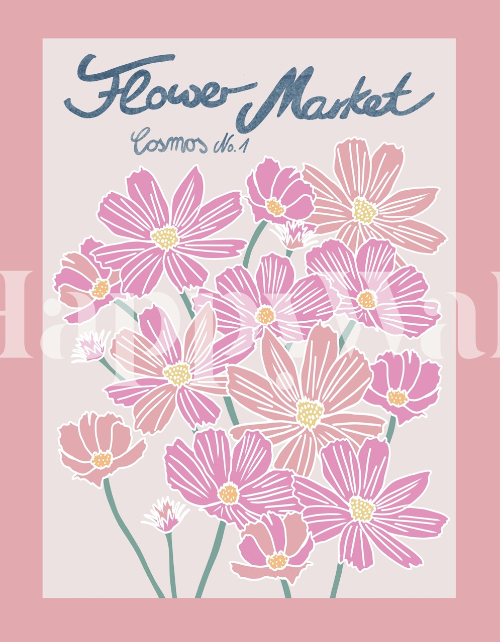 Ilustración de un mural de flores de cosmos rosa sobre un fondo pastel titulado Flower Market Cosmos 1