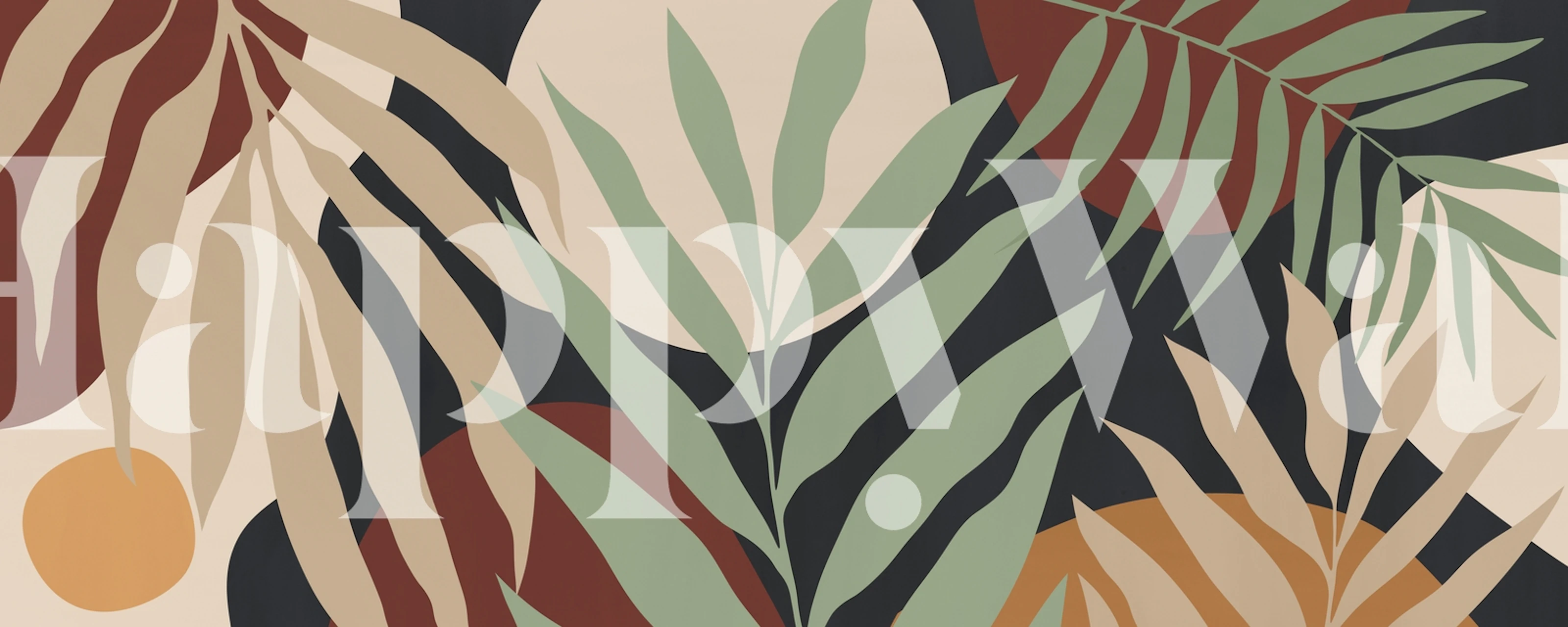 Tropical leaves in shades of green, beige, and brown wallpaper