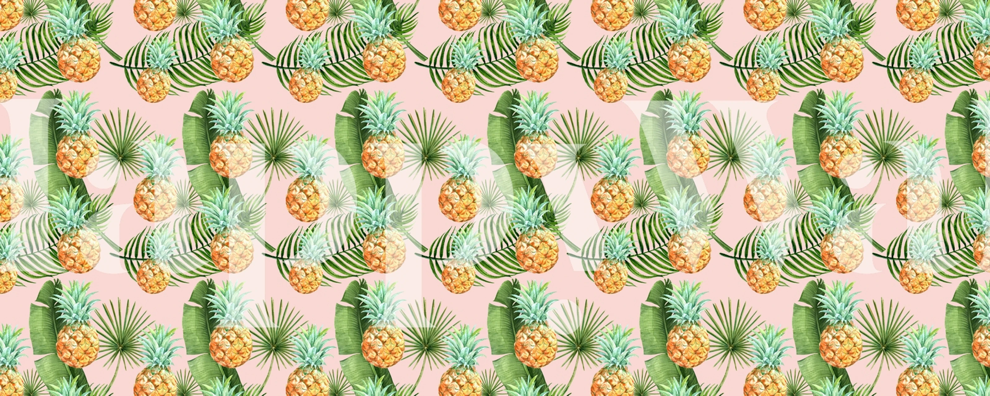 Tropical pineapple pattern with green leaves on pink background wallpaper