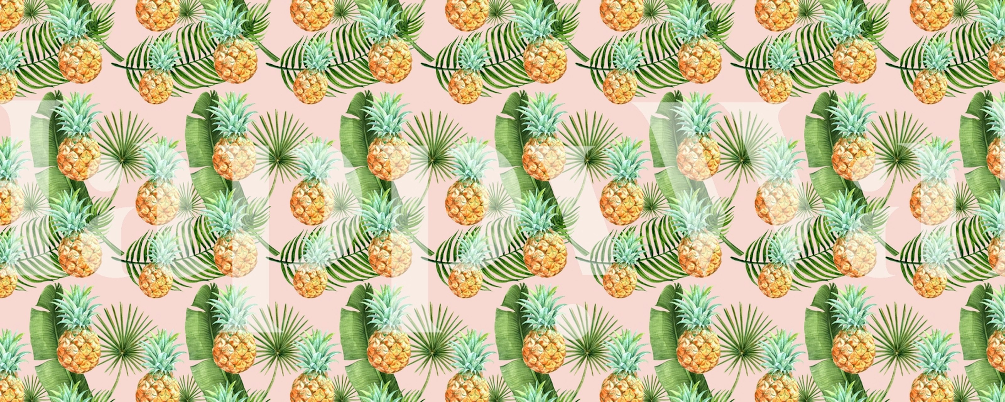 Tropical pineapple pattern with green leaves on pink background wallpaper