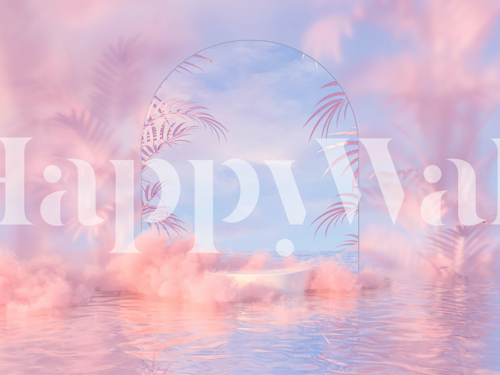 Dreamy arch with pink tropical foliage and blue sky wallpaper