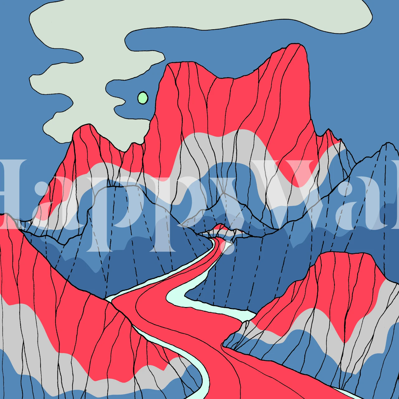 Red white and blue mountain tapet i ett rum