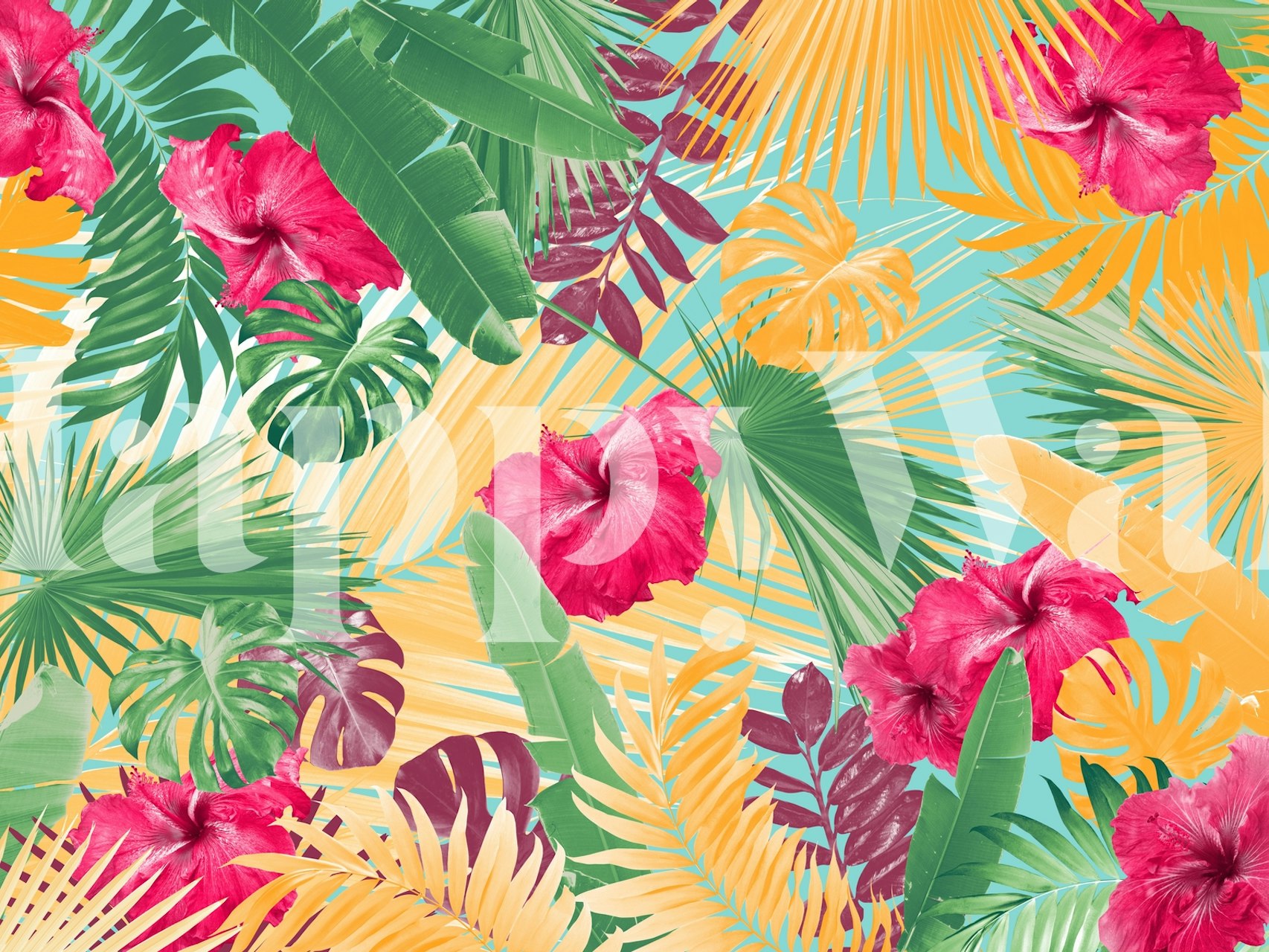 Colorful hibiscus flowers and tropical leaves wall mural