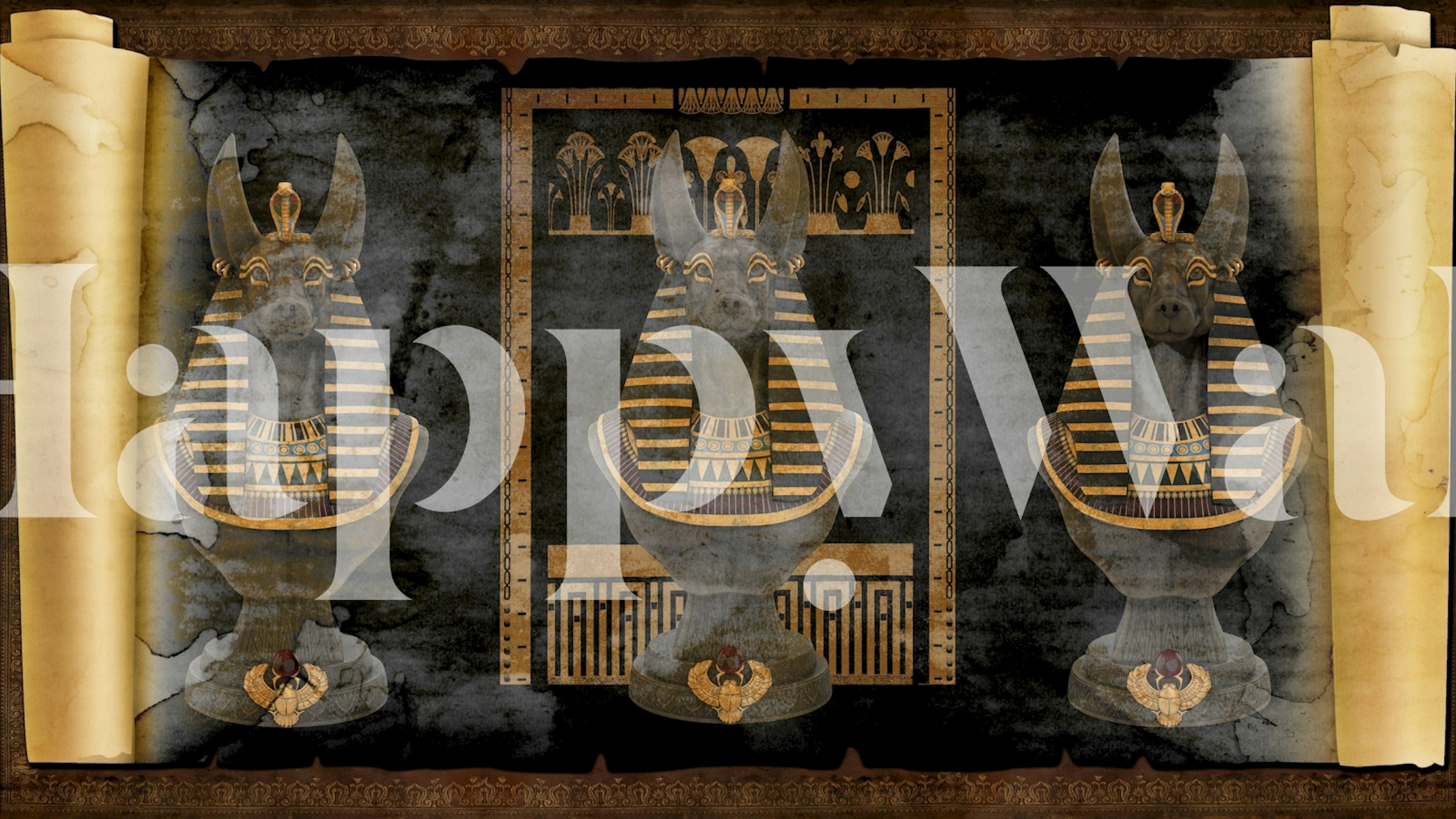 Egyptian-themed black and gold wallpaper featuring Anubis statues