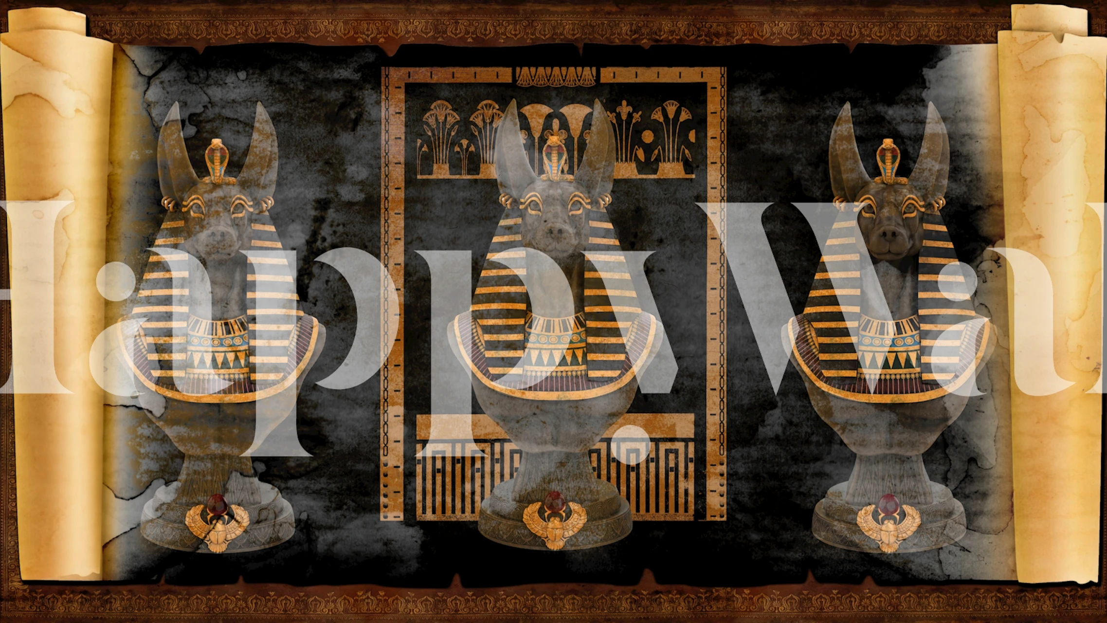 Egyptian-themed black and gold wallpaper featuring Anubis statues