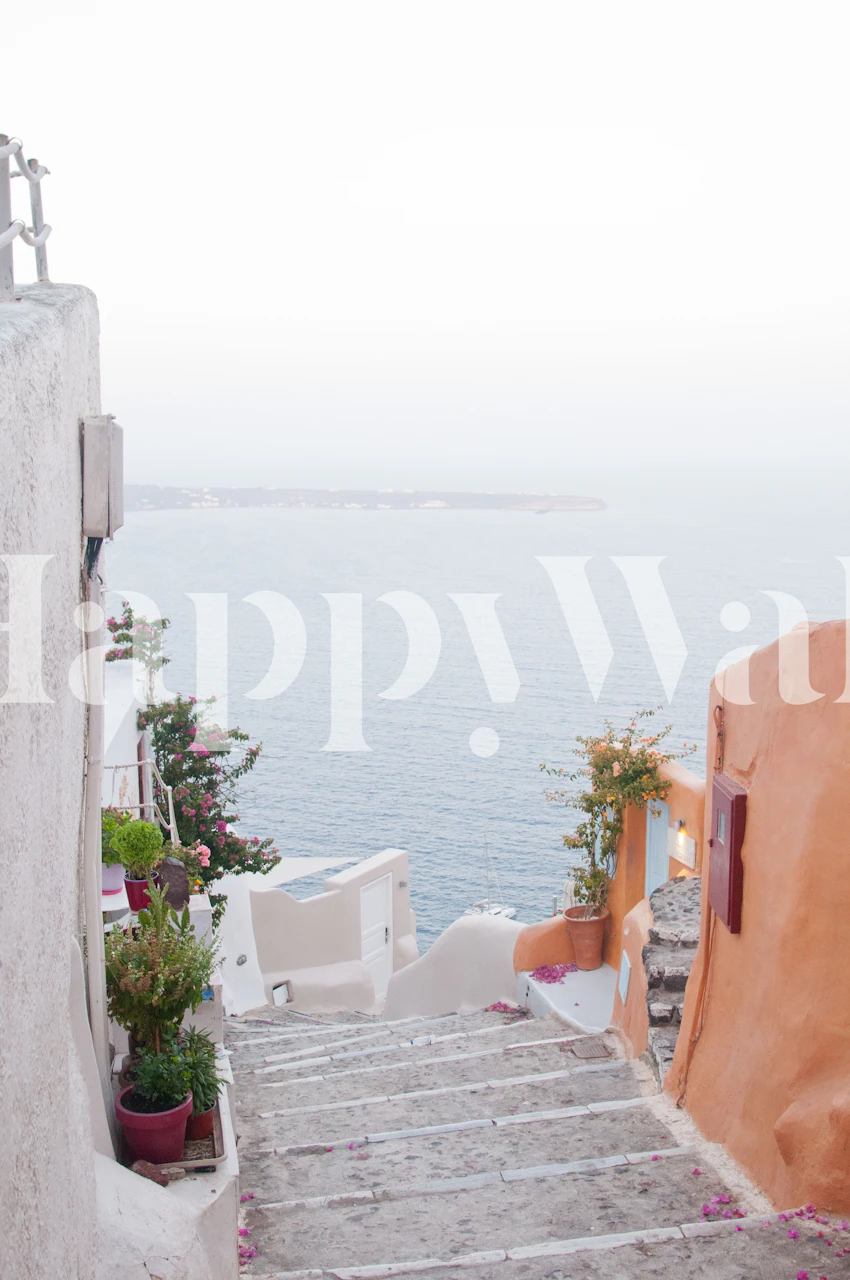 Santorini staircase and ocean view with white and orange tones wallpaper