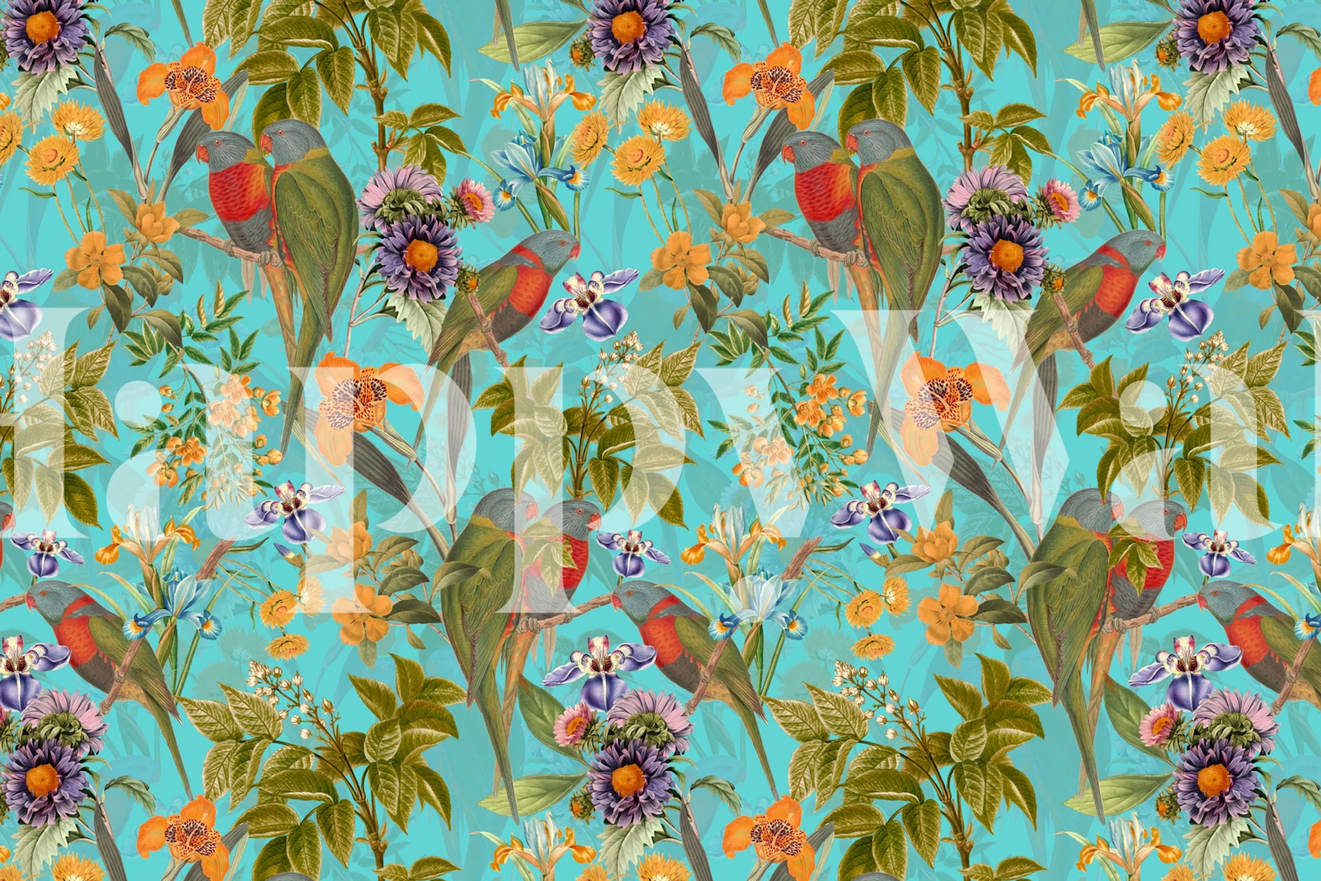 Turquoise Retro Parrots Jungle behang in een kamer