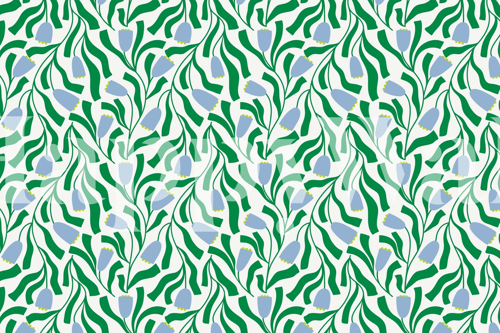 Papel tapiz floral verde y azul con un patrón audaz de hojas y flores