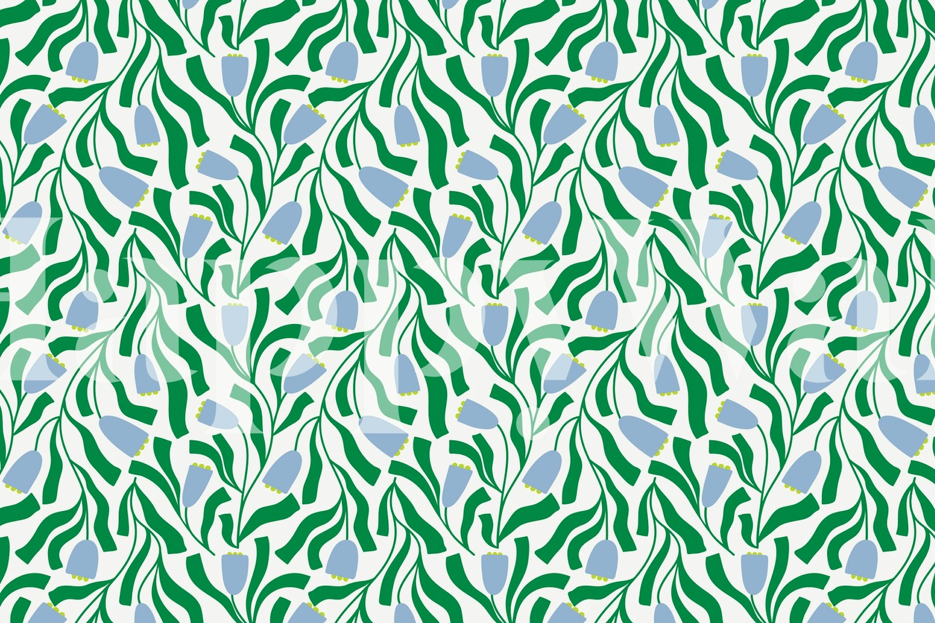 Green and blue floral wallpaper with graceful floral motifs and flowing leaves