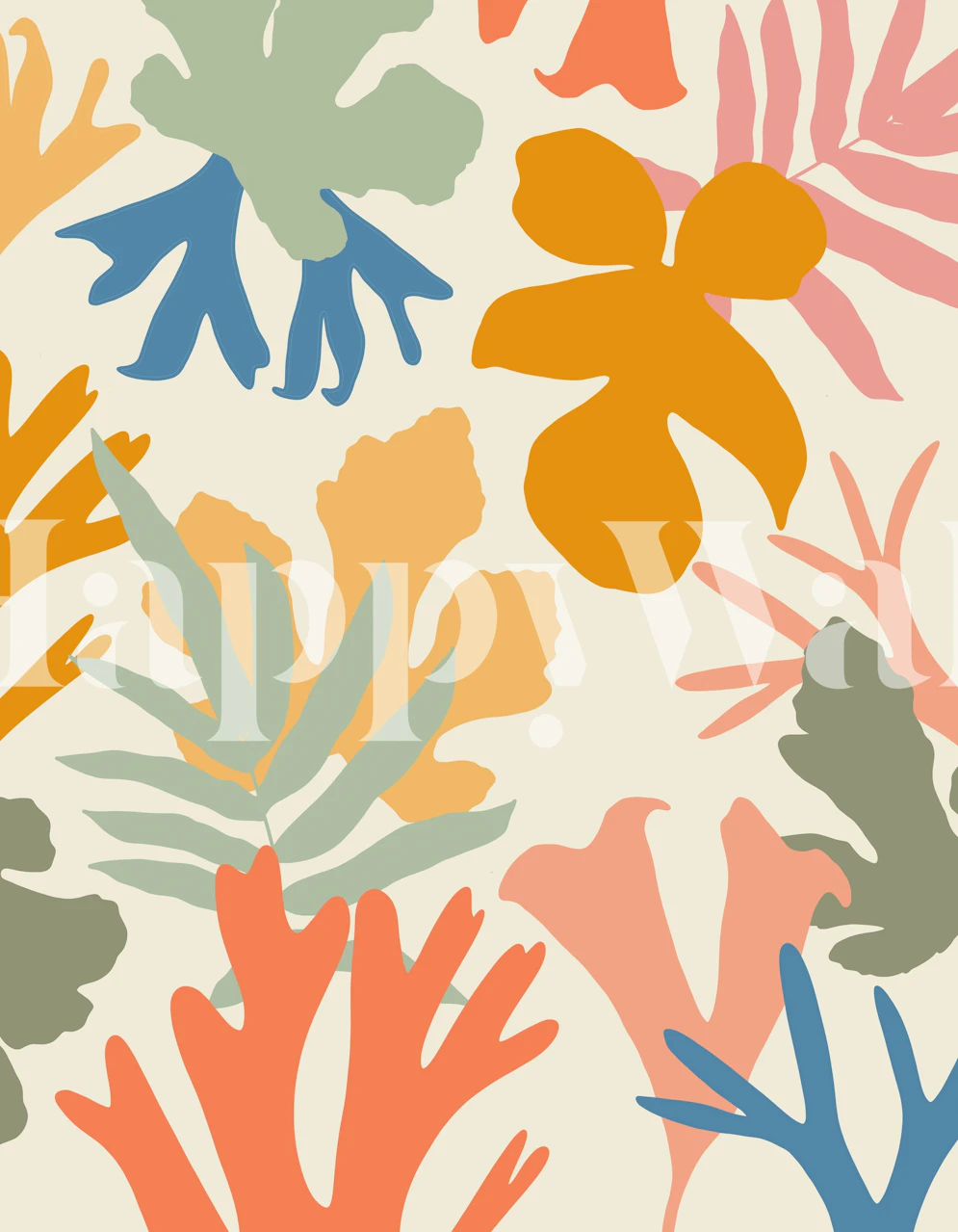 Colorful abstract botanical leaves wall mural perfect for adding a natural artistic touch to interiors.