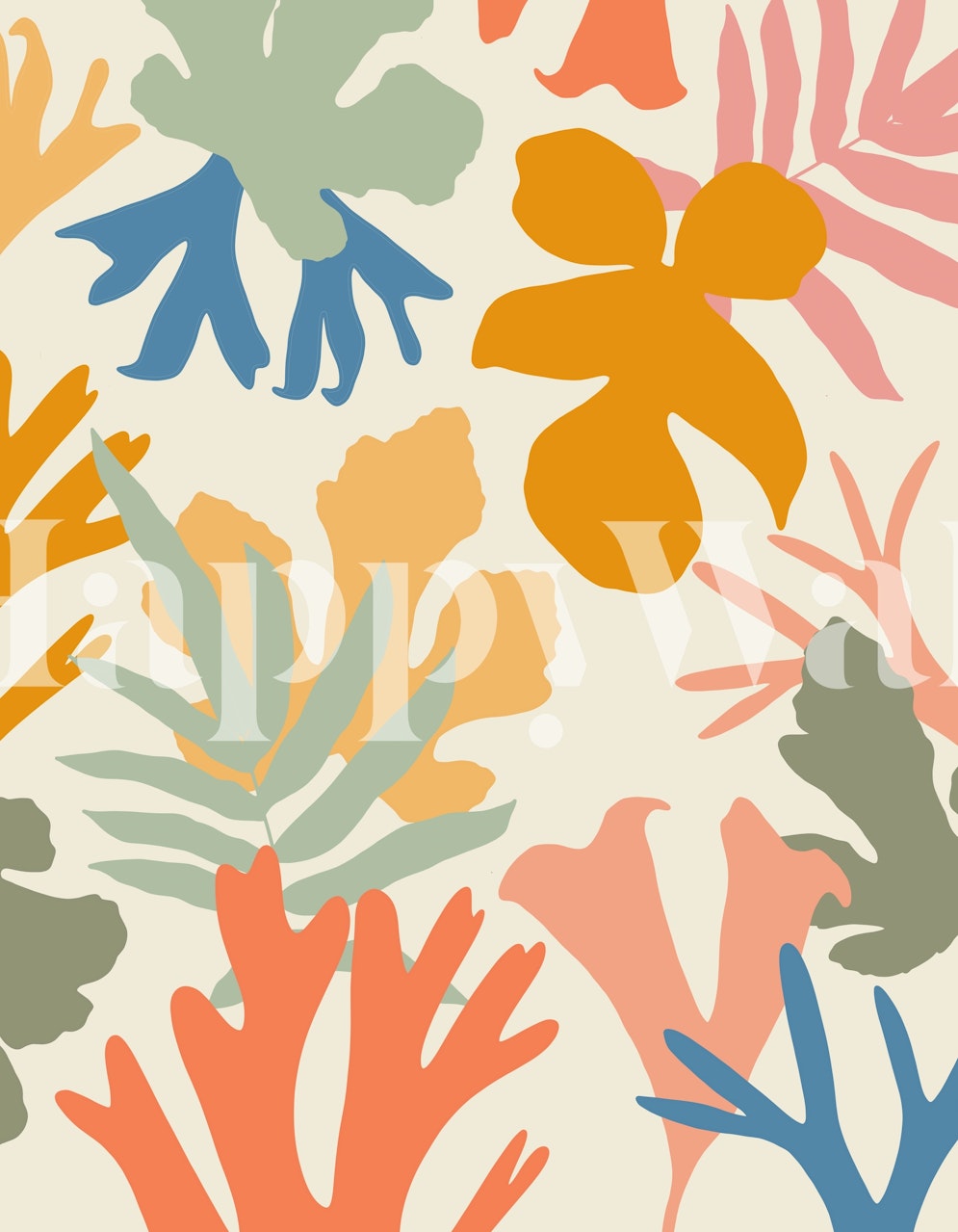 Colorful abstract botanical leaves wall mural perfect for adding a natural artistic touch to interiors.