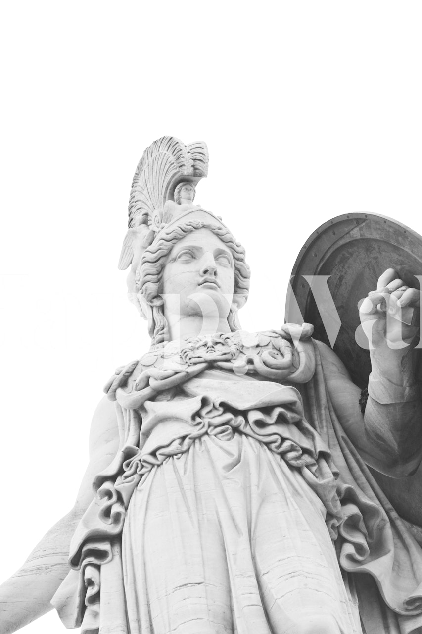Sort/hvid vægmaleri, der forestiller Athena, den græske gudinde for visdom og krig, i klassisk skulpturstil.