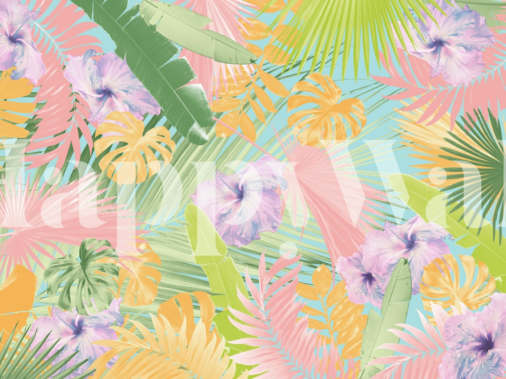 Pastel floral wallpaper with hibiscus flowers and tropical leaves