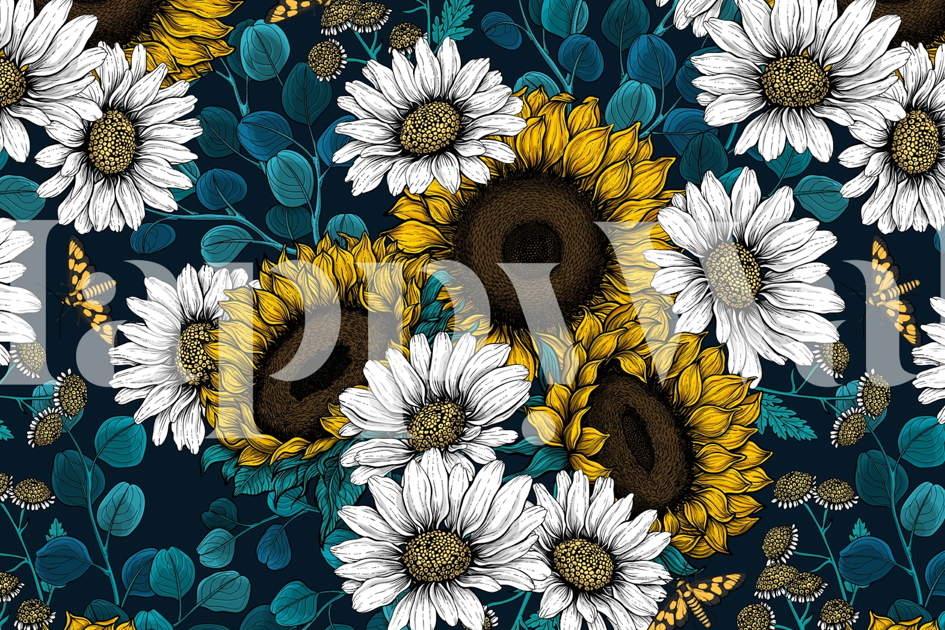 Vibrant sunflowers and daisies wall mural on a deep blue background