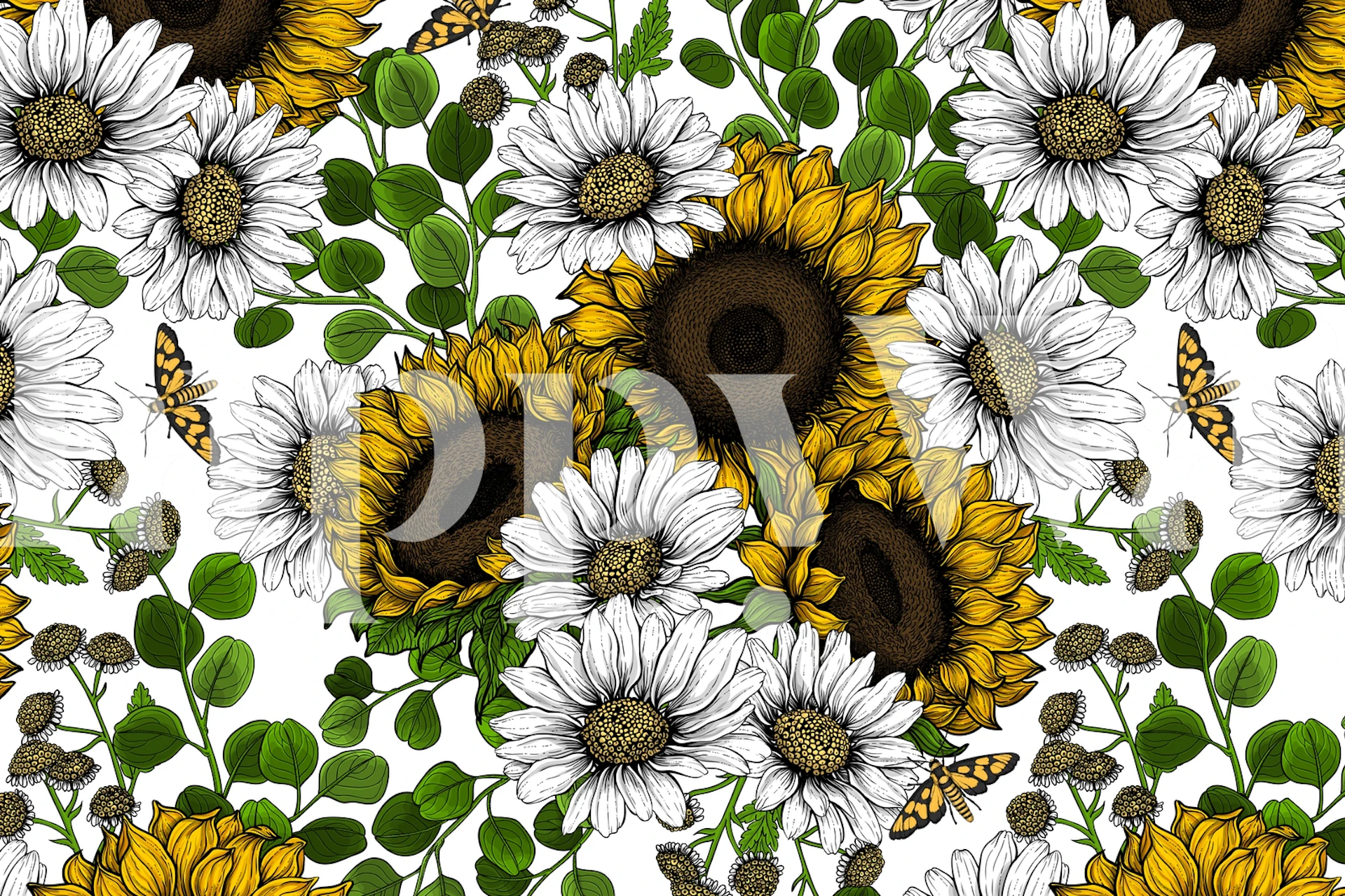 Sunflowers and daisies wallpaper in a room