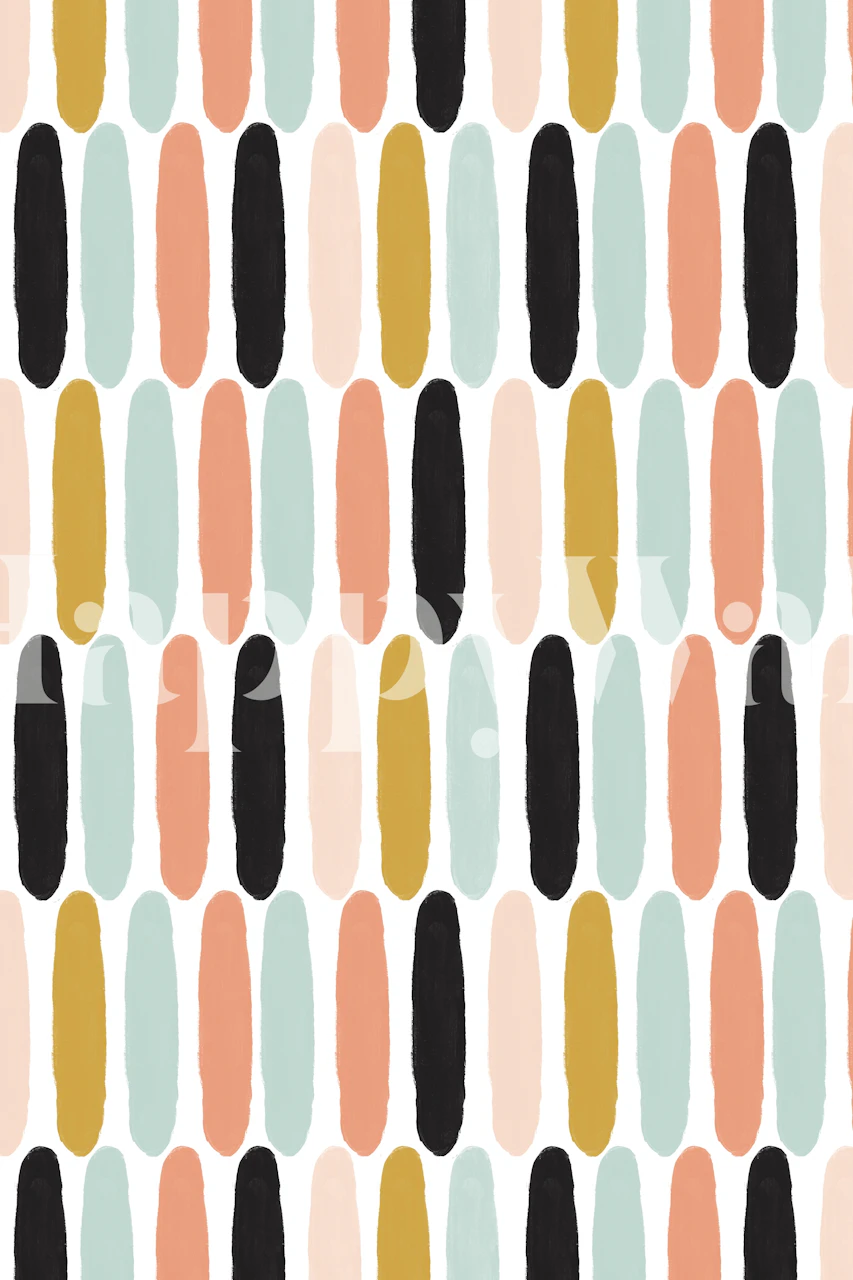 Colorful Scandinavian wallpaper with stripes in peach, black, mint green, and tan