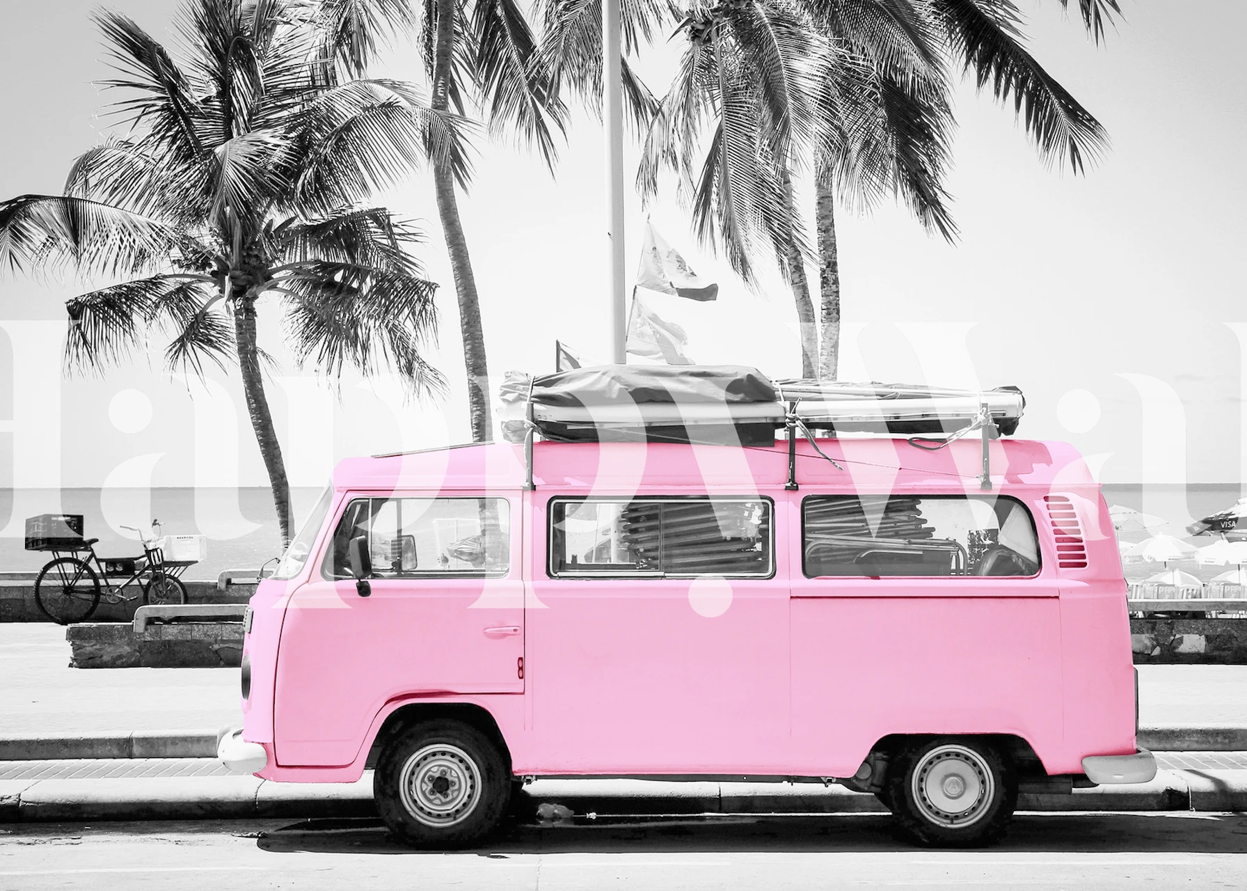 Pink Volkswagen van against a black and white beach backdrop wallpaper