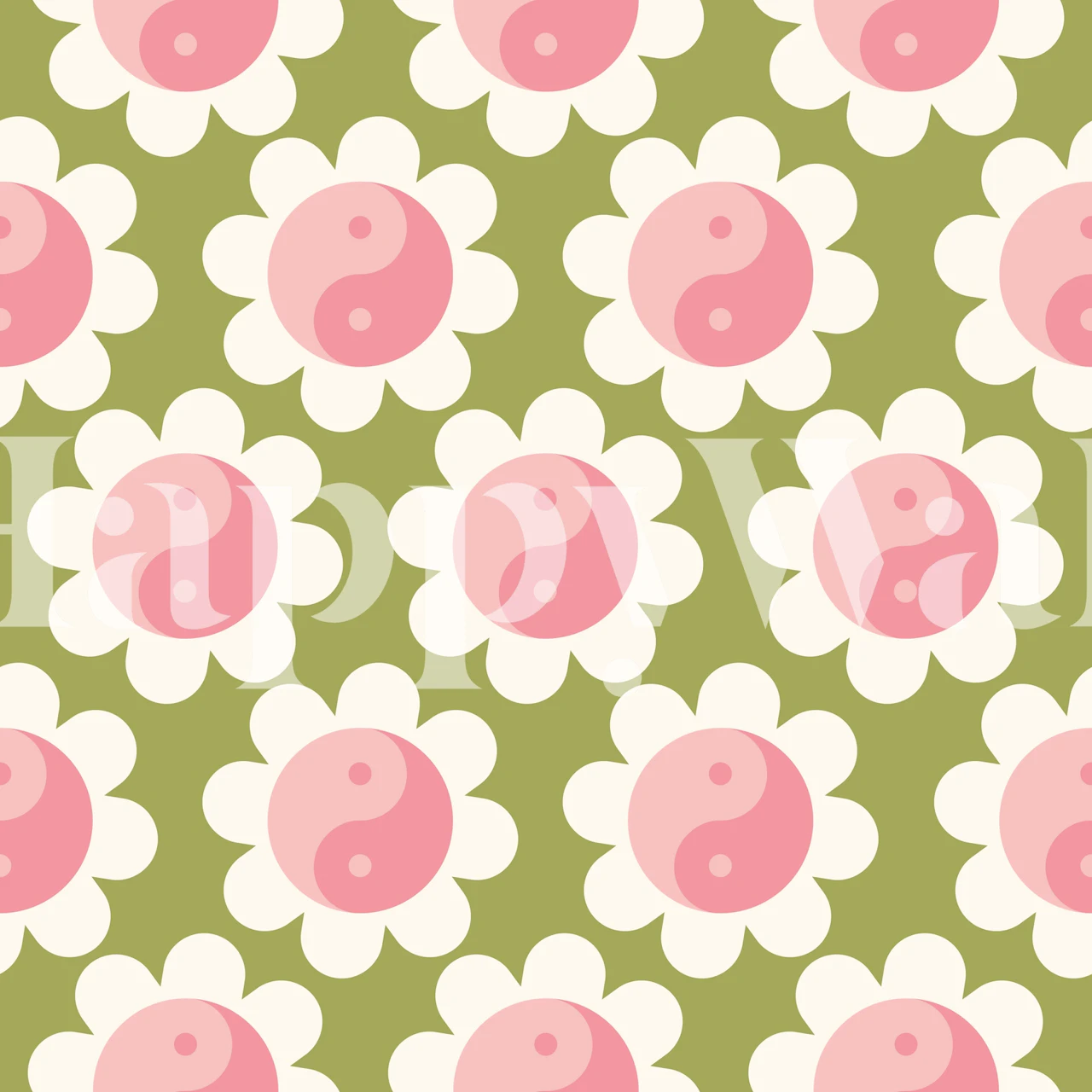 Pink floral pattern with yin-yang centers on green background wallpaper
