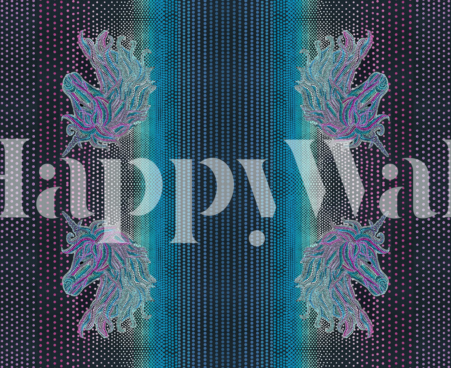 Colorful unicorns with pink and blue details on dark background wallpaper