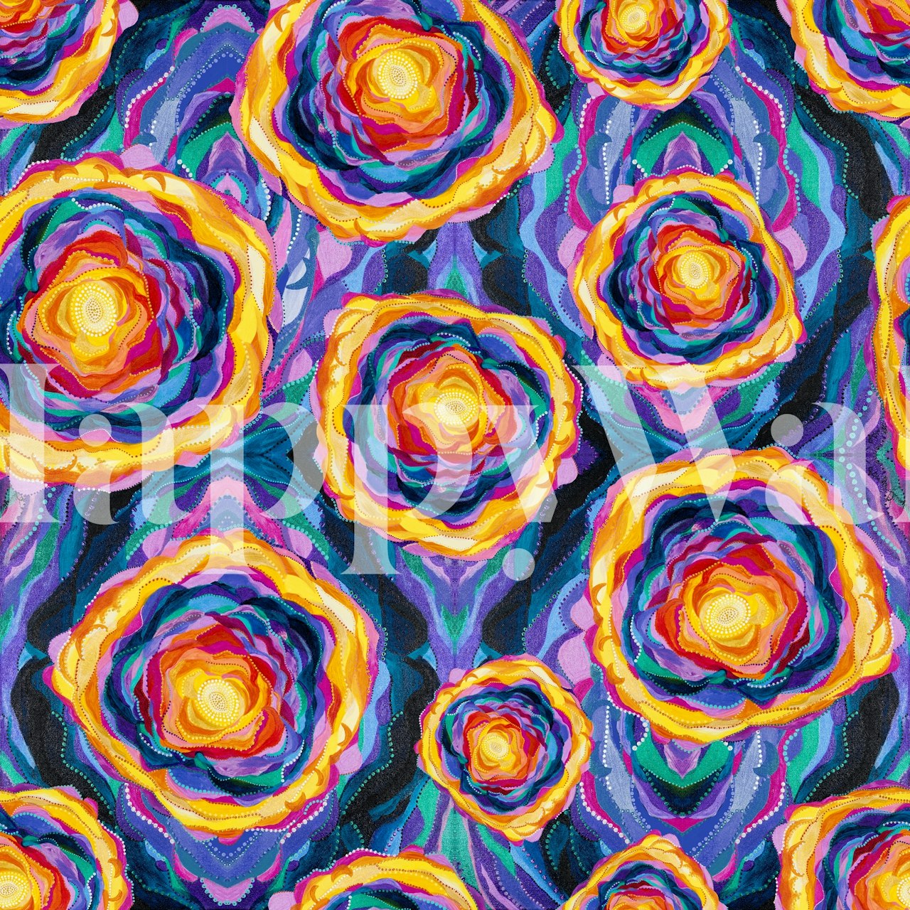 Colorful layered floral patterns in shades of yellow, orange, pink, and blue wallpaper