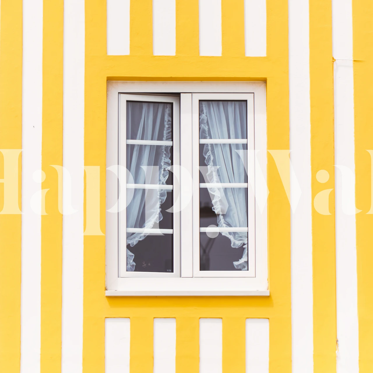 Yellow and white striped wall mural with centered window