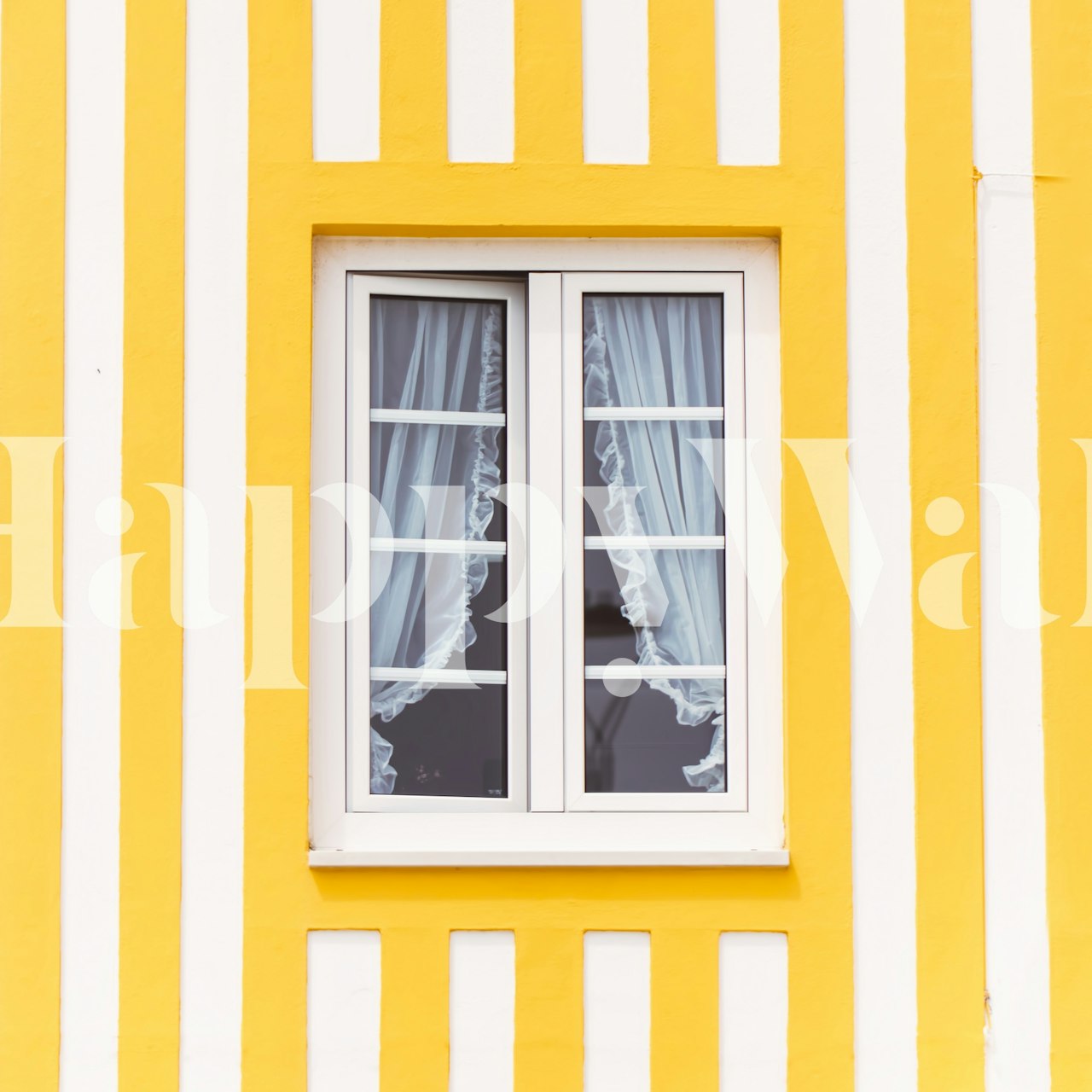 Yellow and white striped wall mural with centered window